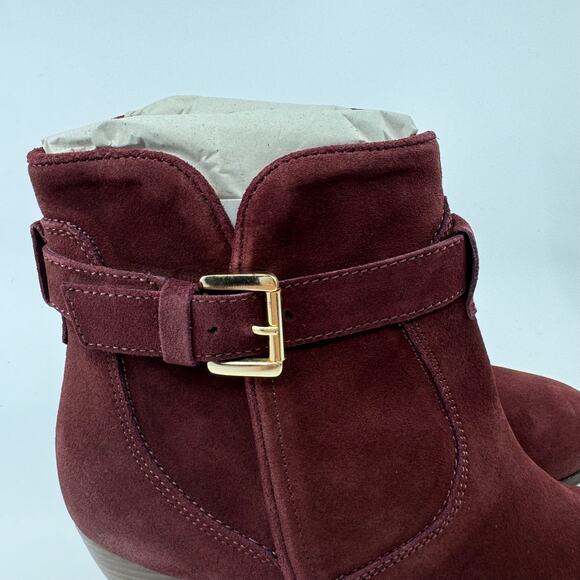 Diba Sleek Buckle Ankle Bootie Side Zipper Block Heel Burgundy Womens Size US 7 - Picture 5 of 10